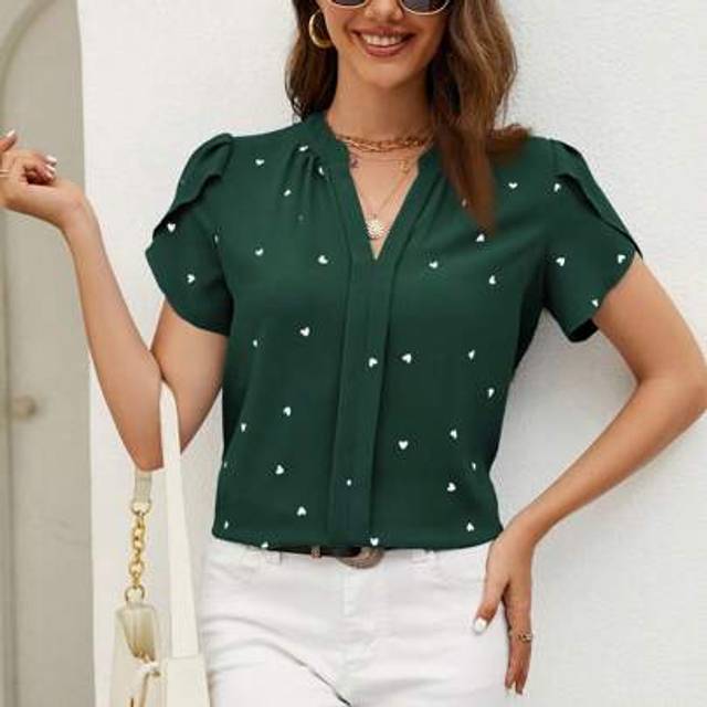 SHEIN Sping Heart Print Petal Sleeve V-Neck Summer Beach Women Blouse,Short Sleeve Tops