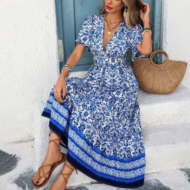 Breezaya Women&#39;s Spring/Summer Boho French Commuter Casual Vacation Blue & White Floral Prints V-Neck Waist Ruffle Hem Flare Sleeve Dress