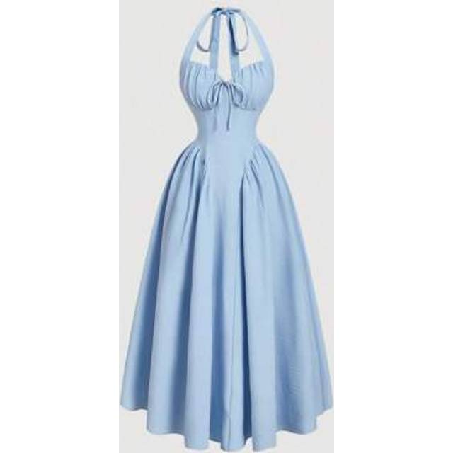 SHEIN Women&#39;s Halter Neck Ruched Bow Swing Dress, Light Blue Color Party Women Outfits,New Years Eve Outfit,Masquerade Ball Dress,Birthday Women Outfits,Sex