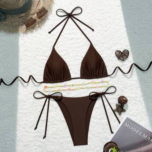 SHEIN Women&#39;s Solid Color Halter Strap Bra & Swim Bottom Sexy Bikini Set, With Detachable Waist Belt And Waist Chain (Random Color), 3pcs, Summer Beach Bath