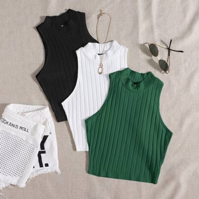 SHEIN 3 Packs Mock Neck Rib-Knit Summer Outfits Tank Top