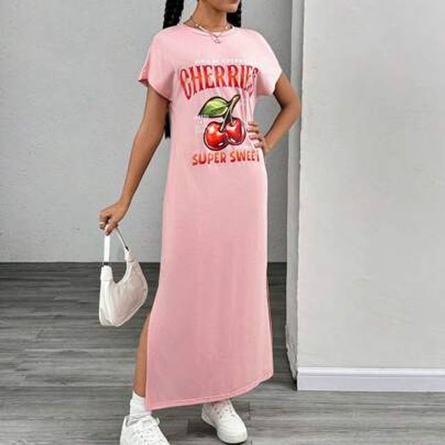 SHEIN Teenager Girls Long Printed Short Sleeve Dress With Slit Hem, Suitable For Home, Outing And Valentine&#39;s Day