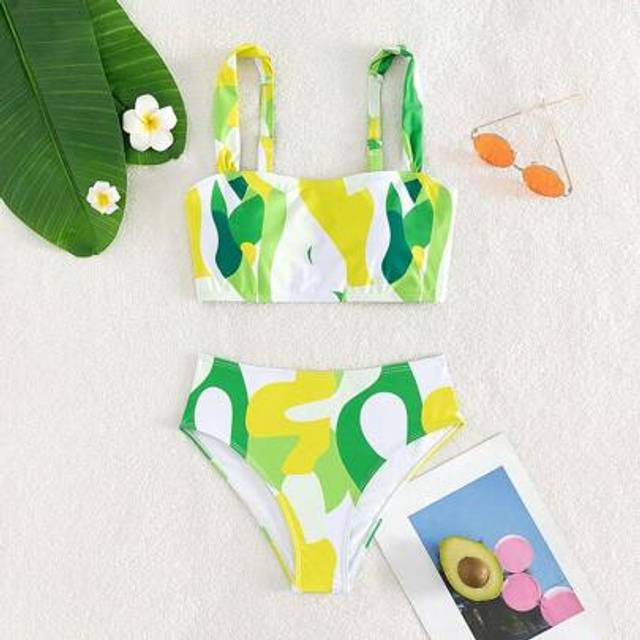 SHEIN Printed Random Camisole Tankini 2pcs Swimwear, Stylish High-Waisted Swimshorts For Summer Beach Vacation
