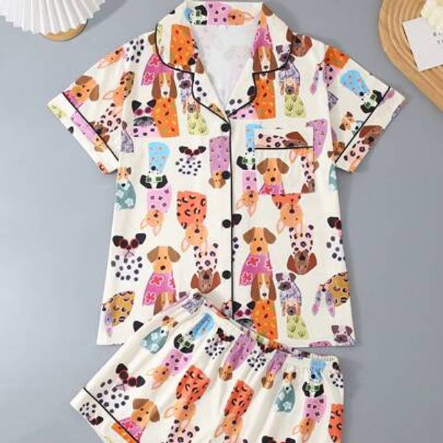 SHEIN 2pcs Women Casual Short Sleeve Sleepwear Set, Shorts, Polo Collar Button Down Shirt, Cartoon Dog Pattern, Breathable & Relaxed, Suitable For All Seaso
