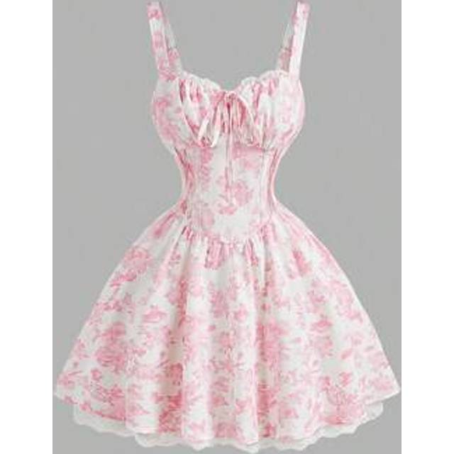 SHEIN Women&#39;s Pink & White Print Lace Trim Cami Strap Mini Dress With Criss-Cross Back, Spring Date Outfit,Valentine Day,Graduation Dresses