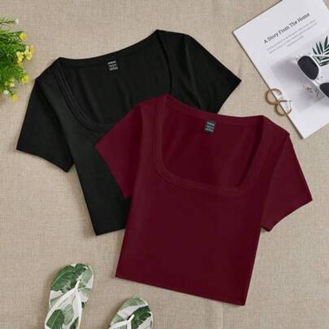 SHEIN 2pcs Casual Minimalist Black & Burgundy Square Neck Short Sleeve Cropped Tight Fitted T-Shirts For Women, Suitable For Summer