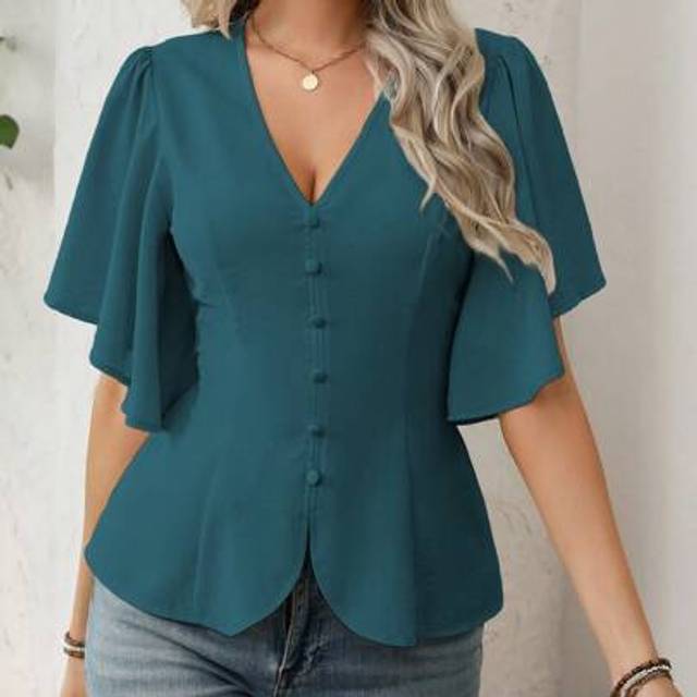 SHEIN Women&#39;s Minimalist V-Neck Button Decor Ruffle Trim Elbow Sleeve A-Line Casual Blouse, Elegant Office Commuter Vacation Style, Spring/Summer