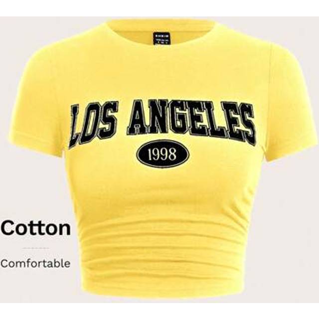 SHEIN Women&#39;s Yellow Letter Print Knit T-Shirt, Summer
