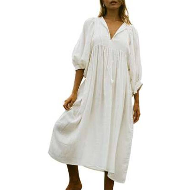 SHEIN Women&#39;s Summer Loose Dress Solid Color 3/4 Sleeves Round-Neck Tie Front Long Dress Streetwear
