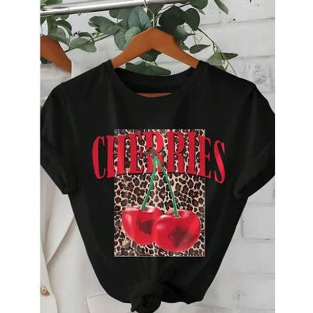 Flirla Plus Size Summer Casual Leopard Print And Cherry Graphic Short Sleeve T-Shirt