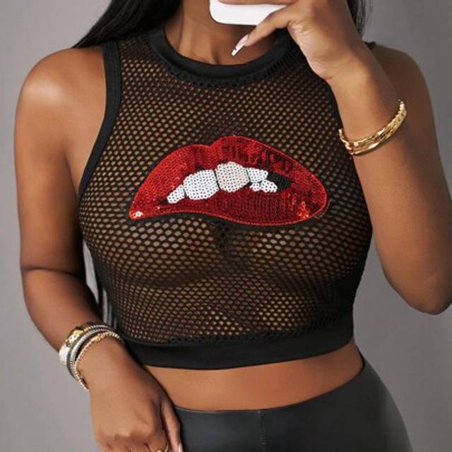 Slaydiva New Spring And Summer Casual Street Sexy See-Through Round Neck Sleeveless Lip Beads Beaded Chapter Truncated Black Mesh Women&#39;s Tank Top-T