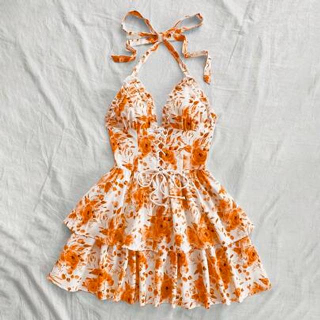 Soleia Plus Size Vintage Style Watercolor Rose Print Ruffle Trim Self-Tie Halter Neck Casual Summer Dress, Suitable For Graduation, Wedding, Back To School,