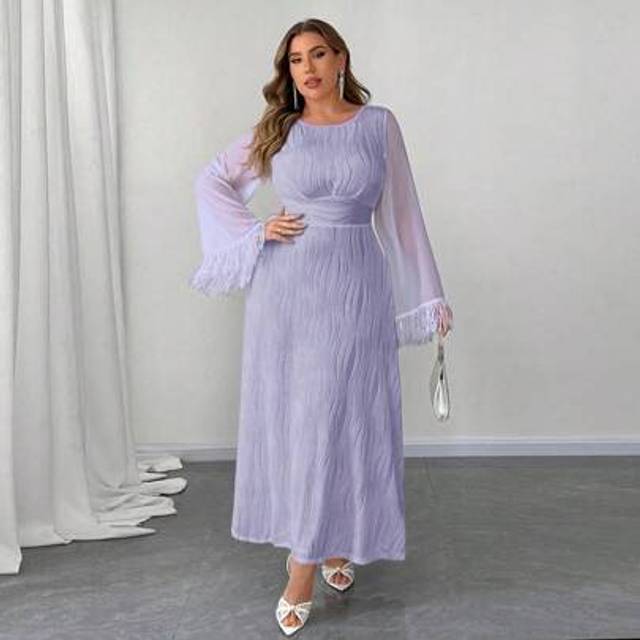 Franclia Plus Size Crew Neck Bell Sleeve Textured Knit Cinched Waist A-Line Dress Maxi Women Outfit