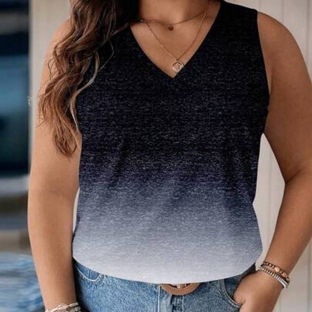 SHEIN Plus Size Women V-Neck Ombre Print Sleeveless Tank Top, Casual
