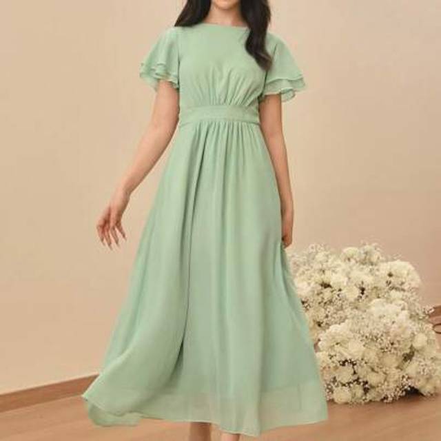 SHEIN Elegant Teens&#39; Simple Fashion Round Neck Short Sleeve High Waist Long Chiffon Green Dress, Suitable For Summer Weddings, Flower Girls, Graduation, For