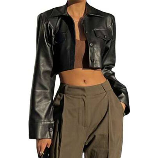 SHEIN Women Crop Leather Jacket Solid Color Casual Long Sleeve Button Down Jacket Spring Outwear