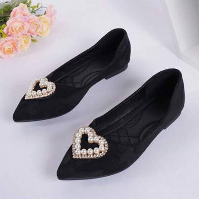 SHEIN New Black Velvet Pointed Toe Flats, Versatile Soft Bottom Comfort Fashion Rhinestone Heart & Faux Pearl Decor, Suitable For Commuting, Large & Extra L