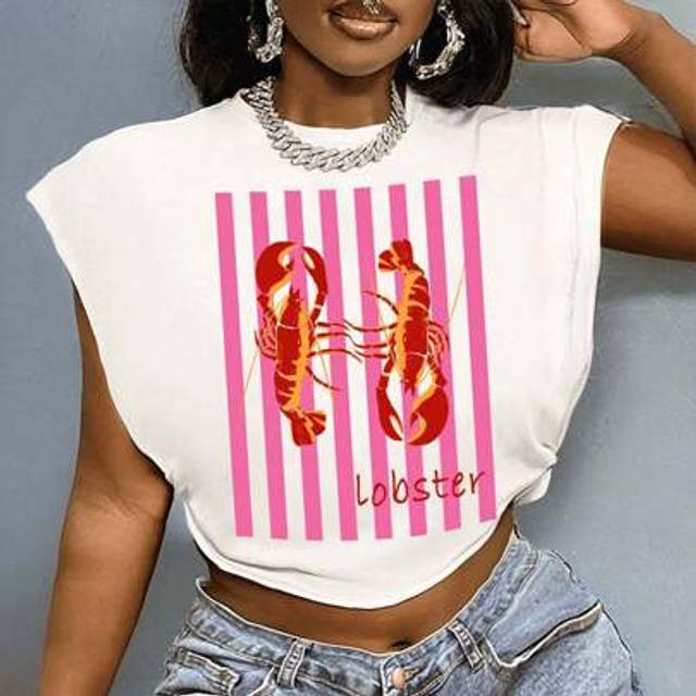 Slaydiva 2025 Casual & Simple Summer Vacation Soft Pink Stripe Lobster Graphic Print Round Neck Short Sleeve Loose Crop Top T-Shirt For Women, Suitable For Sum