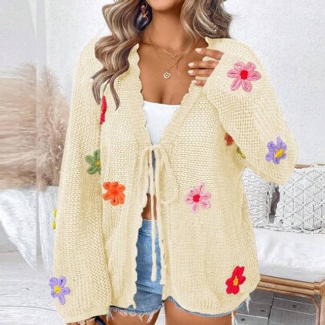 SHEIN Plus Size Women&#39;s Solid Color Knitted V-Neck Hollow Flower Decor Long Sleeve Regular Elegant Resort Lightweight Cardigan, Spring/Summer