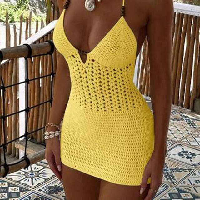 SHEIN Yuwenier Women&#39;s Sexy Elegant Knitted Big V Neck Backless Hollow Out Bodycon Vacation Dress For Beach Sundress