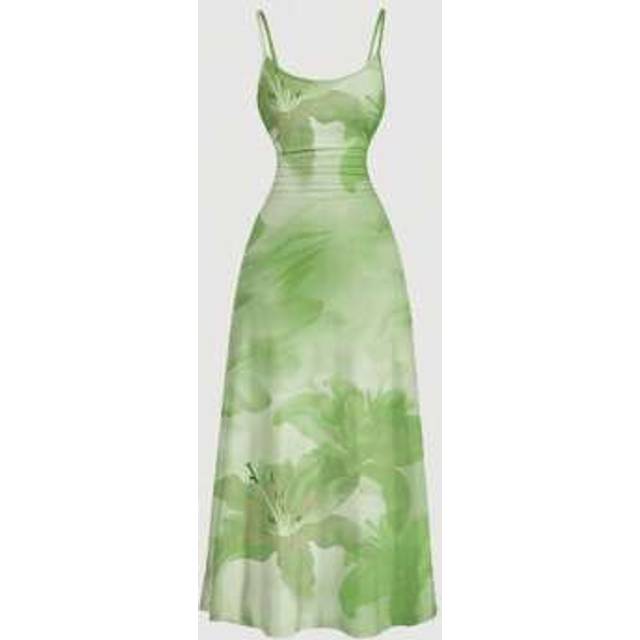 SHEIN Casual Minimalist Bohemian Style Green Lily Tie Dye Tie-Dye Full Print Waist Shirred Hem Maxi Slip Dress,Bohemian Clothes