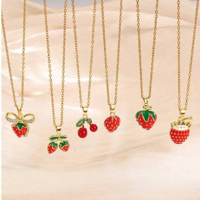 SHEIN 1pc Teen Girls Sweet Cute Elegant Pave Zirconia Red Cherry And Strawberry Stainless Steel Necklace For Kids Summer Clavicle Chain Necklace For Fashion