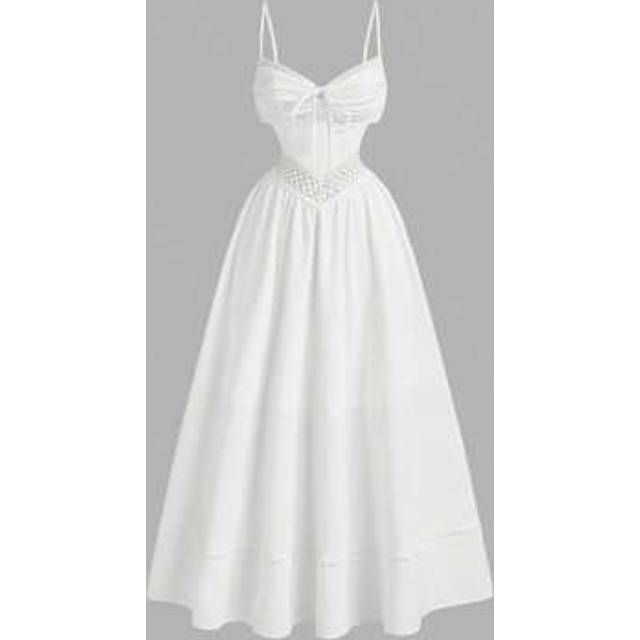 SHEIN White Vintage Romantic 70s Style V-Waist Hollow Lace Backless Dress With Large Bow And Bust Ruche - Boho, Y2K, And Grunge Punk Style, Perfect For Isla