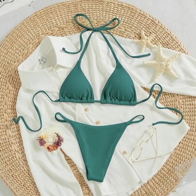 SHEIN Summer Beach Ribbed Bikini Set Tie Back Halter Triangle Bra & Thong 2 Piece Bathing Suit
