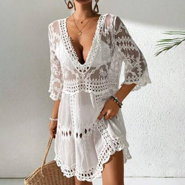 Swim Vcay Women&#39;s Geometric Embroidered Mesh Deep V-Neck 3/4 Sleeve Coverup Dress