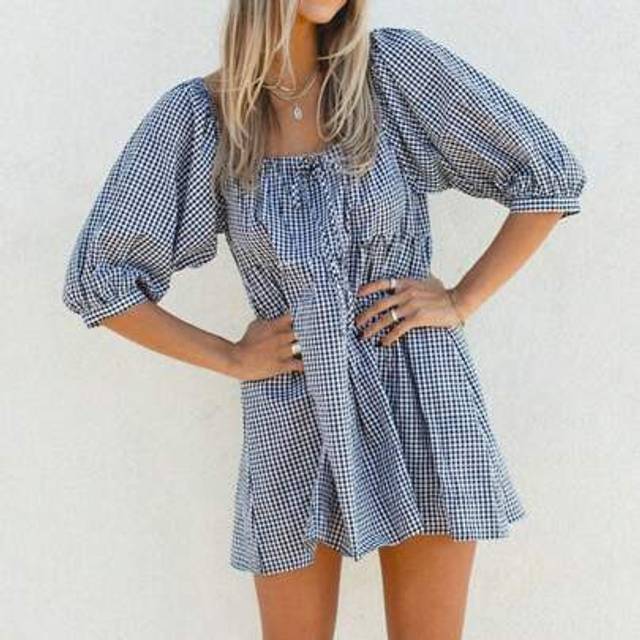 SHEIN Women Summer Casual Mini Dress Square Neck Half Sleeve Plaid Front Tie Flowy Swing Short Party Dress