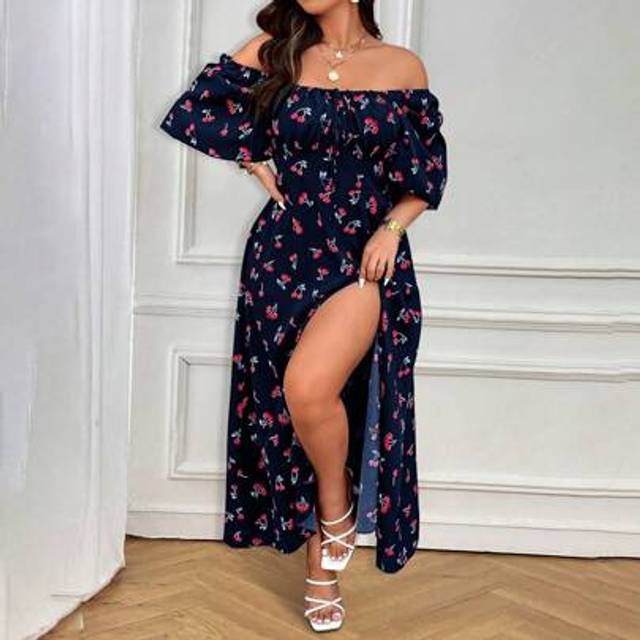 SHEIN Plus Size Cherry Print Pattern Short Sleeve Halter Neck Chest Tie Up Waist Back Elastic Hem Side Split Ankle Length Dress, Cute For Vacation/Dating
