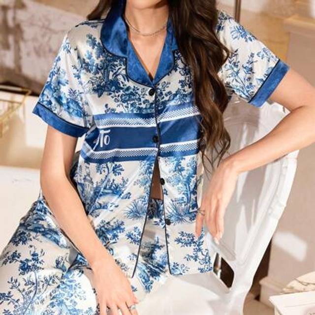 SHEIN Printed Faux Silk Color-Blocking Lapel Short Sleeve Long Pants Pajama Set For Women