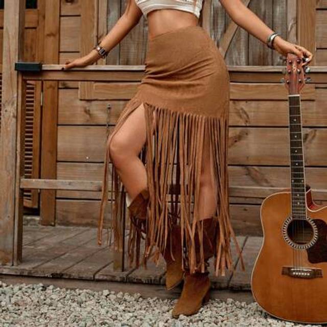 Luneh Tan Suede Fringe Hem A-Line Skirt, Suitable For Country Music Festival, Spring/Summer  Festival Outfits For Women Vacation Outfits Women Western Wear
