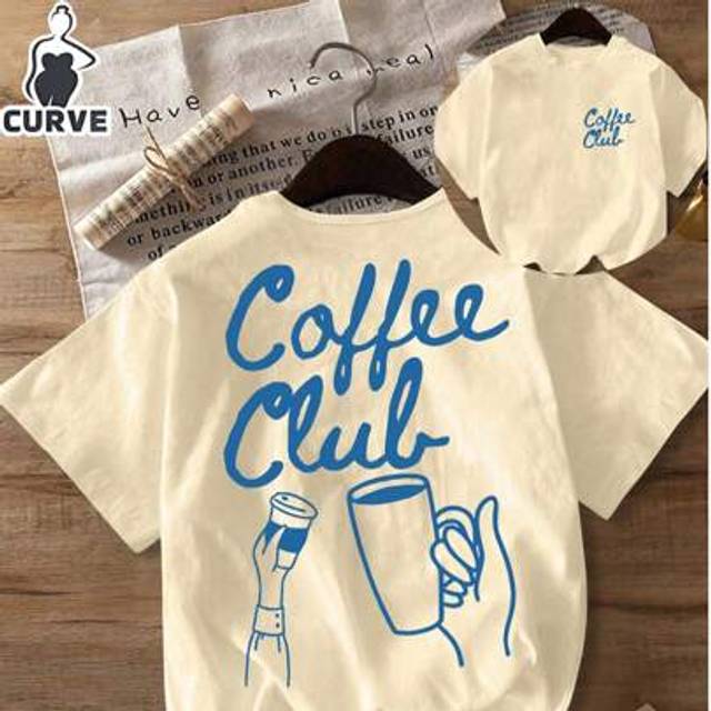SHEIN Plus Size Coffee Club Print Summer Women&#39;s Oversize Short Sleeve Top, Casual Women&#39;s Wear, Summer T-Shirt, Summer Tops, Graphic T-Shirt