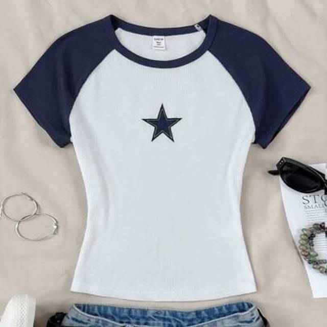SHEIN Tween Girls&#39; Casual Simple Comfy Patchwork Contrast Star Print Round Neck T-Shirt