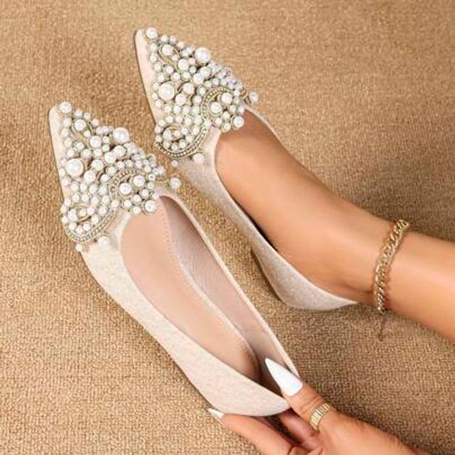 SHEIN Women&#39;s Flat Bridal Shoes, New Bride Shoes With Lace, Pearl, Soft Bottom, Pointed Toe, Gentle Fairy Style Rhinestone Ballet Flats, Bridesmaid Shoes