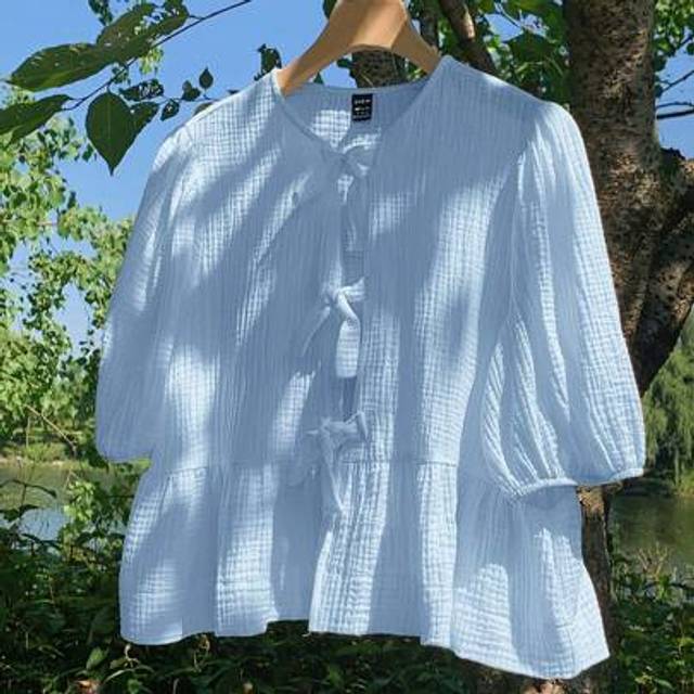 Comfortcana Women&#39;s Blue Linen Chiffon Round Neck Puff Sleeve Tie Front Blouse