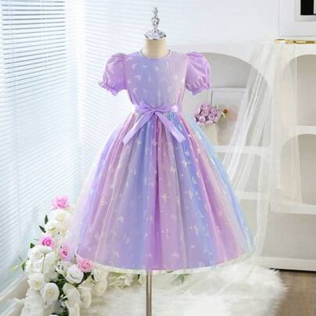 SHEIN Girls Dreamy Purple Colorful Floral Garden Butterfly Tulle Puff Sleeve Princess Dress, Suitable For Vacation, Birthday Party, Spring/Summer  Elegant D