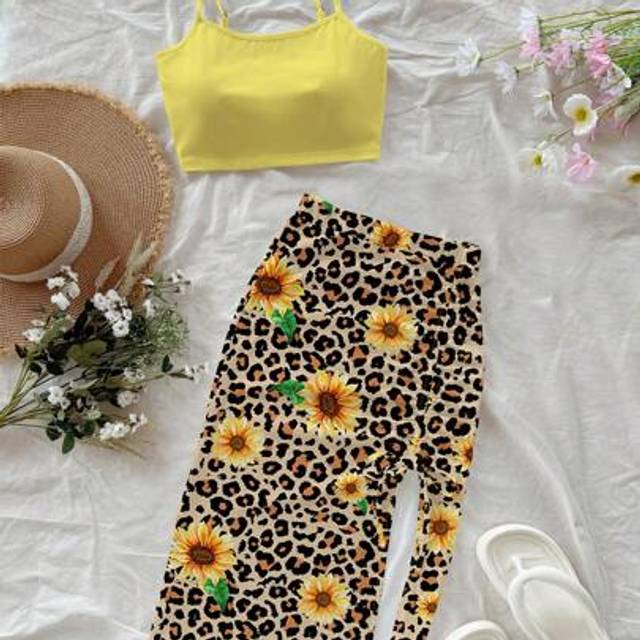 Soleia Women Casual Crop Top And Drawstring High Slit Skirt Set, Suitable For Summer, Vacation, Leopard Print & Sunflower Print,Springbreak,Coconutgirl,Girl