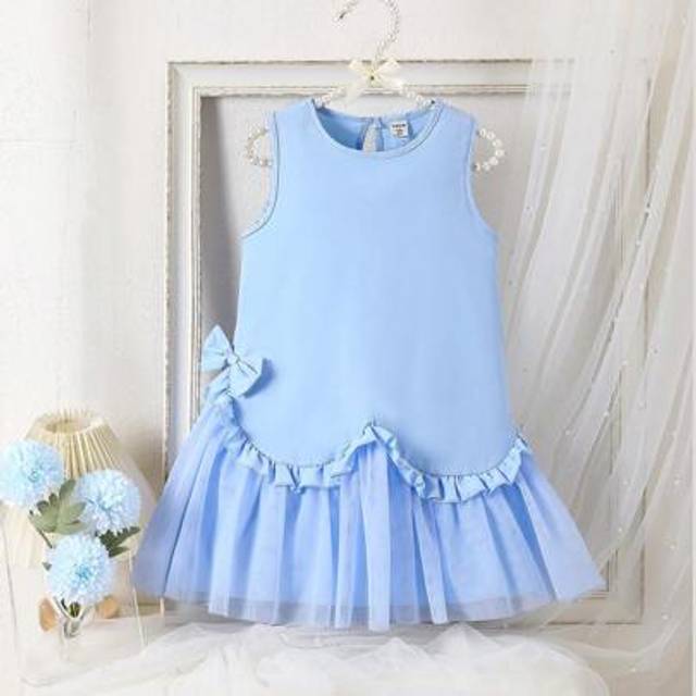 SHEIN Girls (Small) Sleeveless Blue Tank Top & Mesh Splice Summer Dress, Fashionable Beach/Resort Casual Princess Style Classy Girl Dresses For Girls