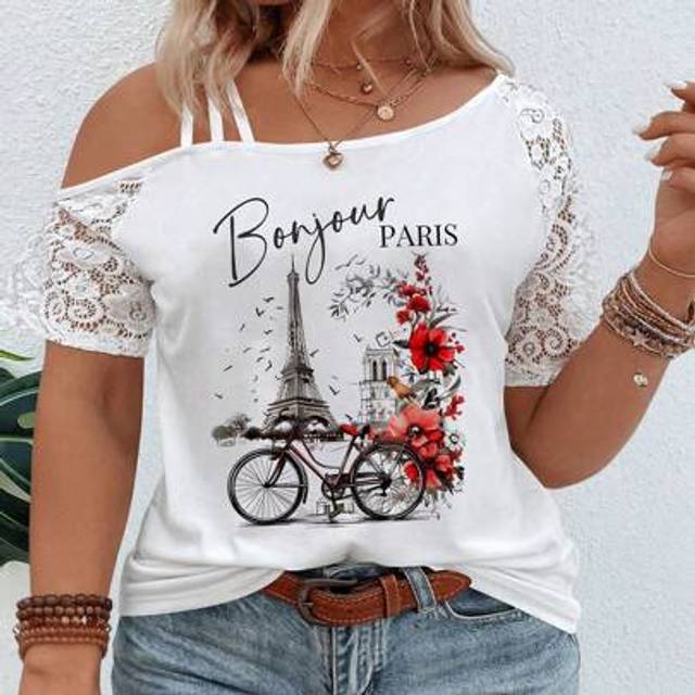 SHEIN Women&#39;s Casual Asymmetrical Neckline Lace Trim Short Sleeve Printed Plus Size T-Shirt