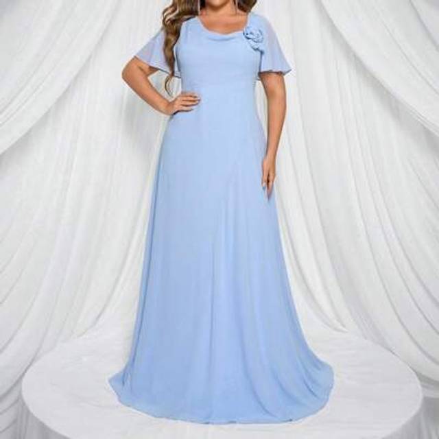 SHEIN Plus Size Ruffled Sleeve V-Neck Asymmetric Handmade 3D Flower Chiffon Elegant Romantic Bridesmaid Dress In Blue