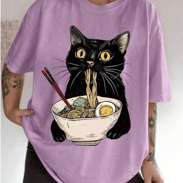 SHEIN Teen Girl Black Cat Ramen Noodle Print T-Shirt/Loose Casual Top, Spring/Summer