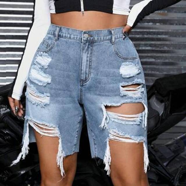 SHEIN Plus Size Summer Casual Ripped Tassel Denim Shorts