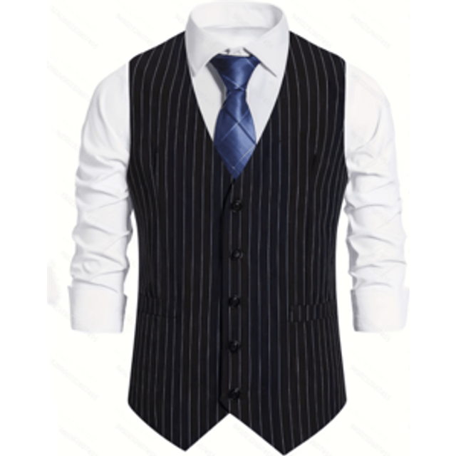 SHEIN Men&#39;s Slim Fit Black & White Striped Vest, Korean Version Casual Thin Waistcoat, Suitable For Groomsmen