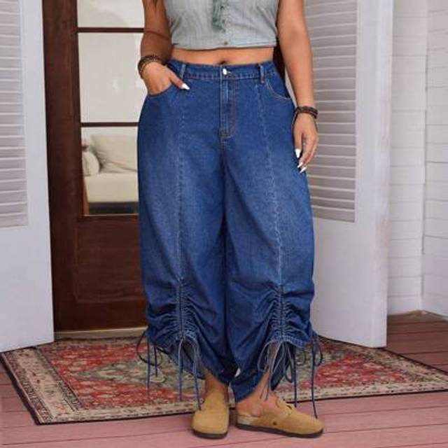 SHEIN Plus Size Solid Color High Waist Loose Drawstring Pleated Jeans