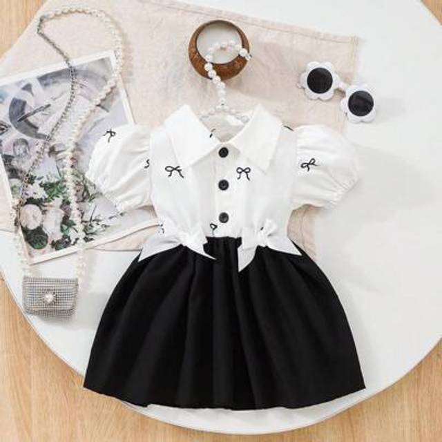 SHEIN Baby Girls&#39; Cute Collar Bubble Sleeve Bow Decor Casual Dress, Suitable For Outdoor Spring/Summer