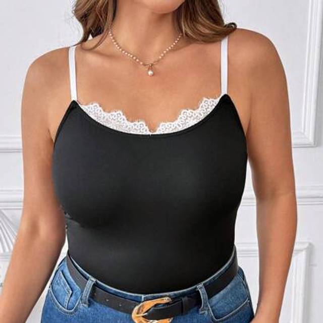 SHEIN Plus Size Women Spaghetti Strap Tank Tops, Summer Black Lace Patchwork Camisole, Contrast Color Bodycon Camisole, Versatile For Layering Summer Outfit