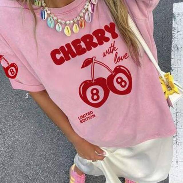SHEIN Women&#39;s Summer Cute Cherry Print Round Neck Short Sleeve T-Shirt, Fashionable And Versatile Casual Blouse