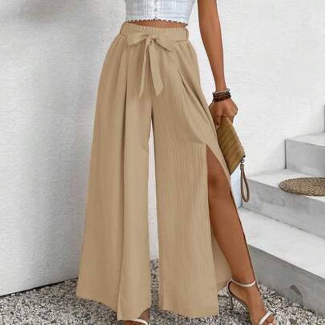 SHEIN Vacation Casual Solid Color Side Split Lace-Up Loose Pants